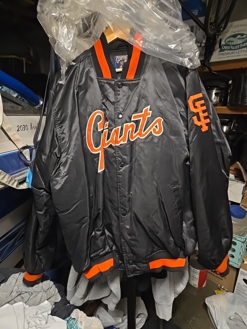 Majestic Black and Orange Giants Satin Bomber Jacket